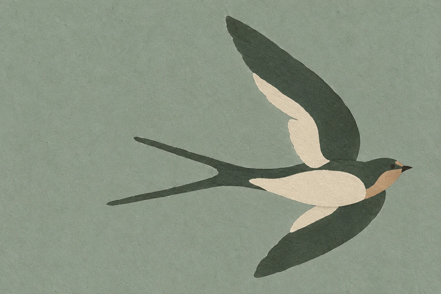 A swallow in flight in gray, charcoal, stone; landscape artwork.