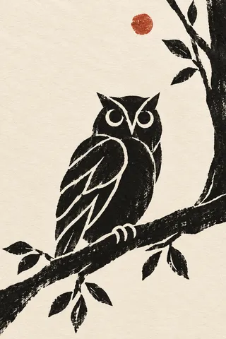 An owl on a branch in cream, black, charcoal, gray; portrait artwork.