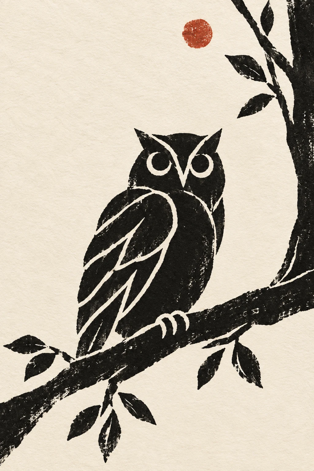 An owl on a branch in cream, black, charcoal, gray; portrait artwork.