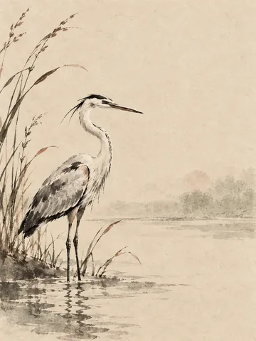 A heron standing in shallows in cream, stone, taupe; portrait artwork.