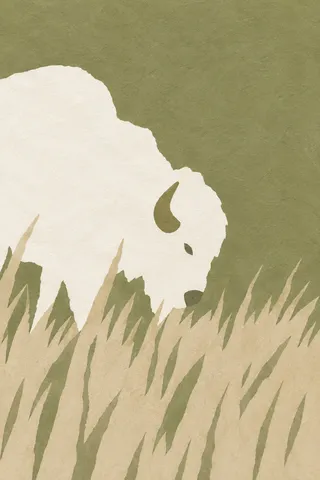 A bison in tall grass in stone, taupe, white, sage; portrait artwork.