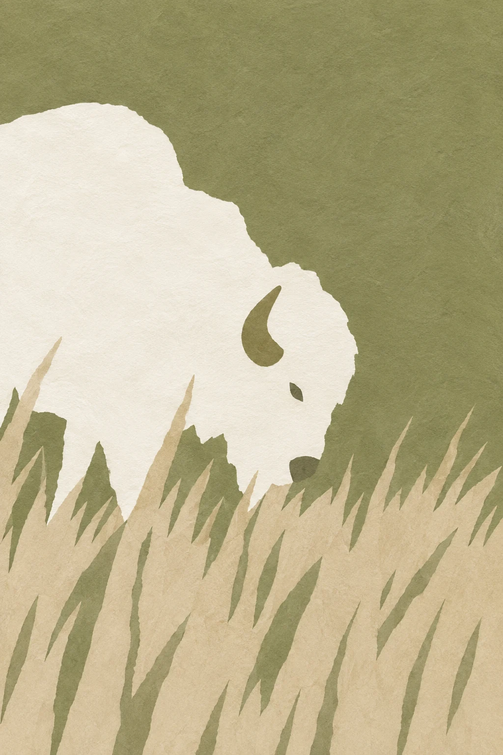 A bison in tall grass in stone, taupe, white, sage; portrait artwork.