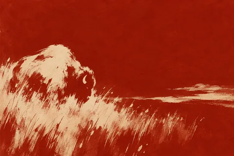 A bison in tall grass in rust, sand, red, terracotta; landscape artwork.
