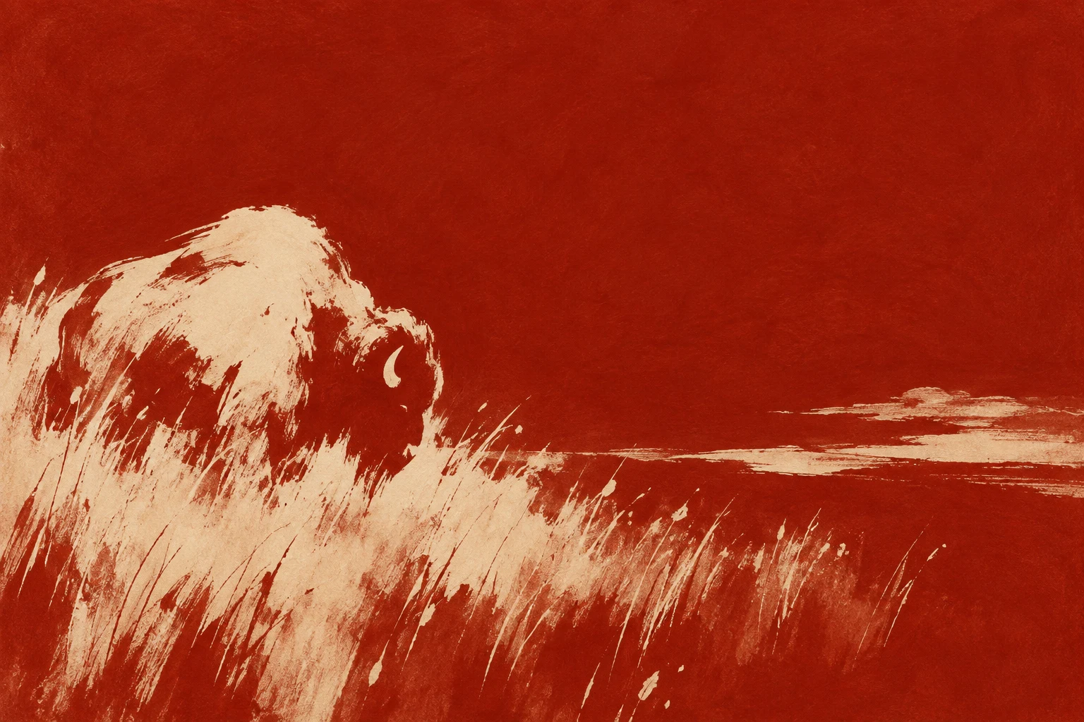 A bison in tall grass in rust, sand, red, terracotta; landscape artwork.