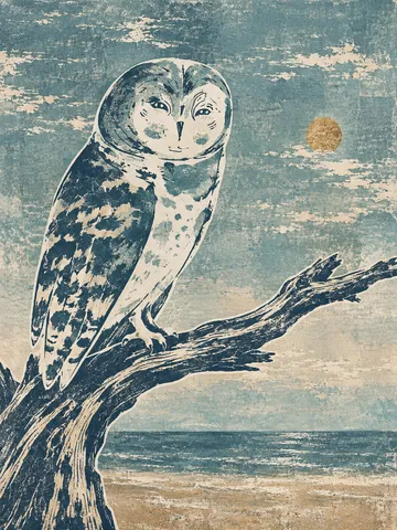 An owl on a branch in gray, stone, olive, sand; portrait artwork.