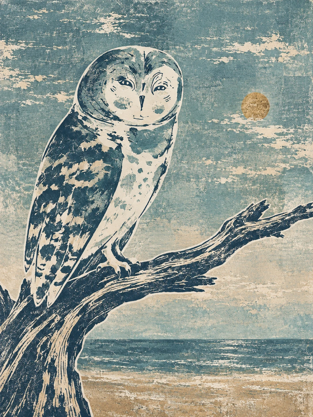 An owl on a branch in gray, stone, olive, sand; portrait artwork.