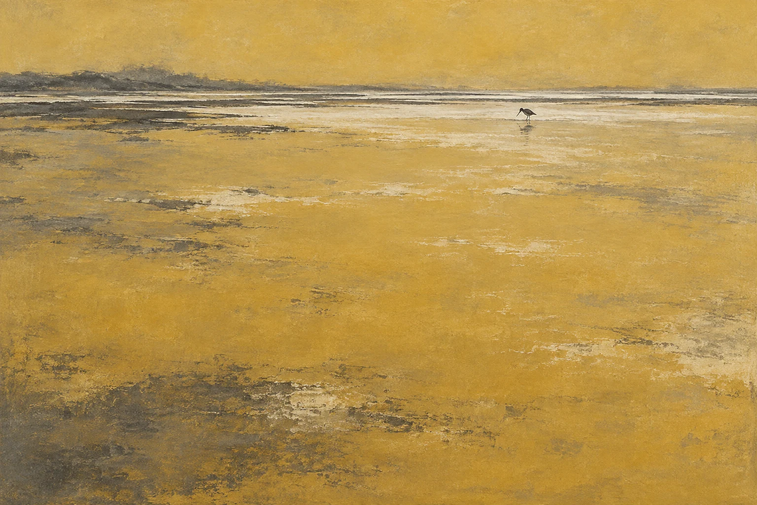 A sandpiper at the water line in sand, ochre, olive; landscape artwork.