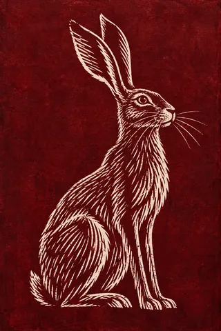 A hare sitting upright in burgundy, rust, taupe, black; portrait artwork.