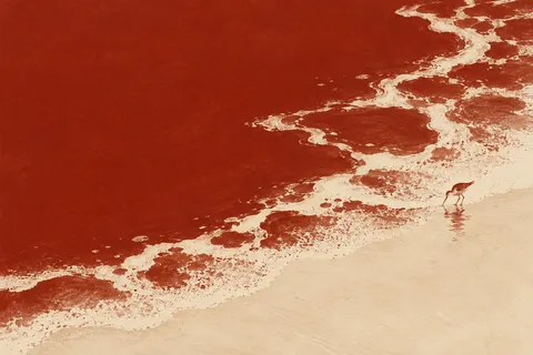 A sandpiper at the water line in rust, cream, terracotta, stone; landscape artwork.