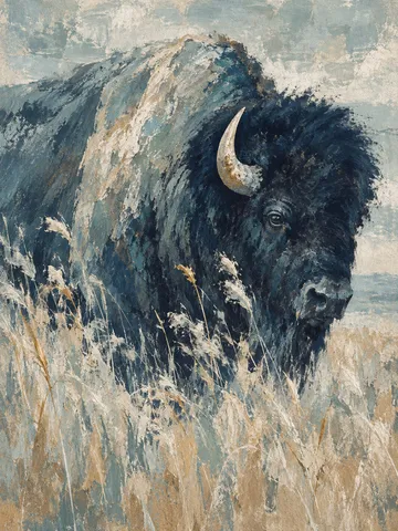 A bison in tall grass in stone, gray, sage, navy; portrait artwork.