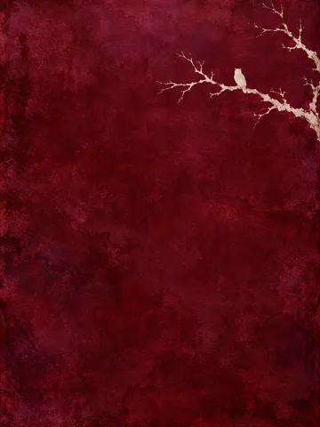An owl on a branch in burgundy, black; portrait artwork.