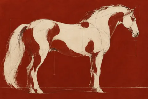 A horse in profile in rust, cream, sand, burgundy; landscape artwork.