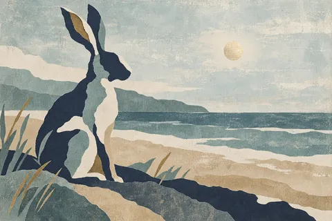 A hare sitting upright in cream, gray, stone, sand; landscape artwork.