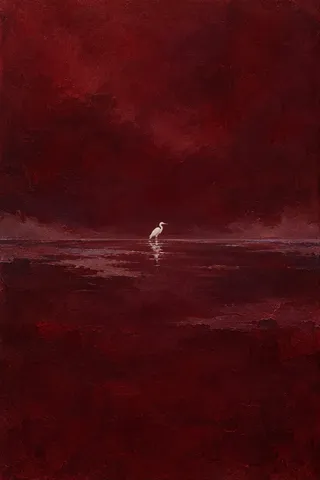 A heron standing in shallows in black, burgundy; portrait artwork.