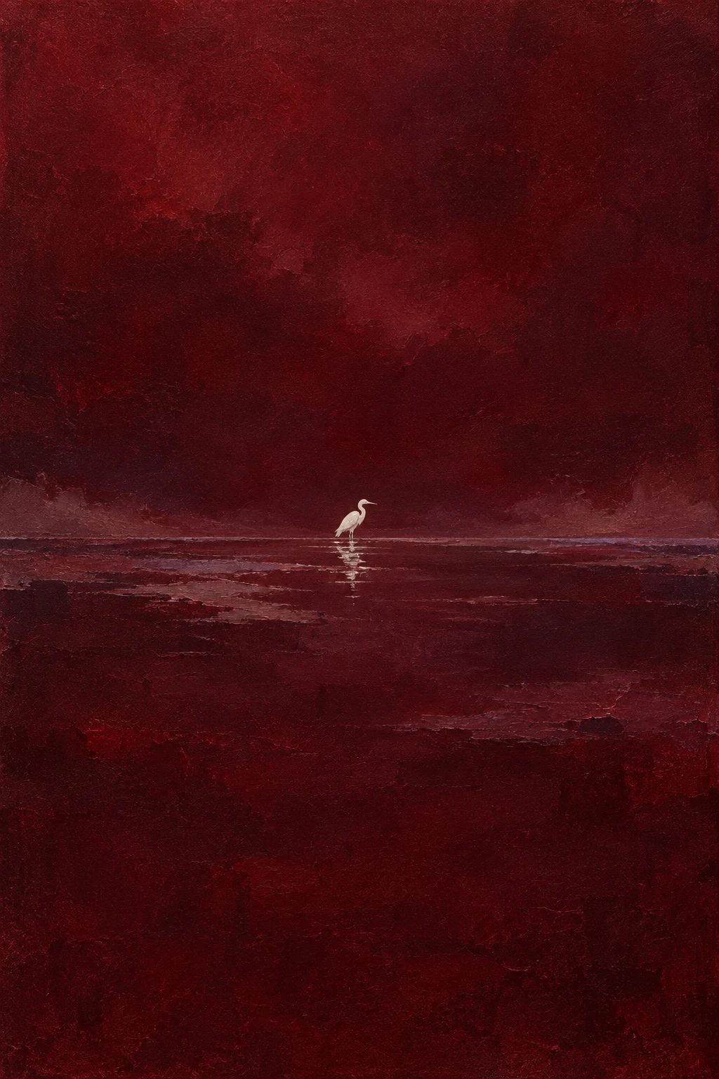 A heron standing in shallows in black, burgundy; portrait artwork.