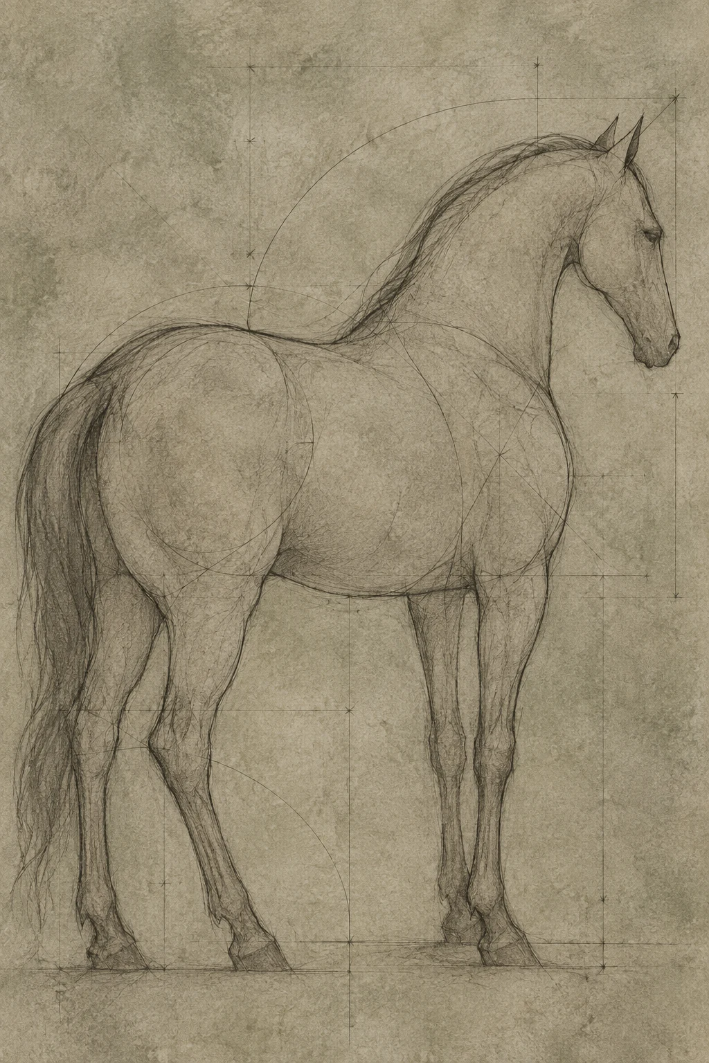 A horse in profile in sage, sand, taupe, olive; portrait artwork.