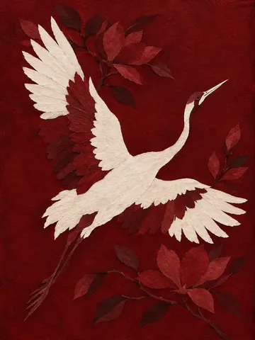 A crane in burgundy, cream, rust; portrait artwork.