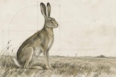 A hare sitting upright in cream, stone, sage, taupe; landscape artwork.