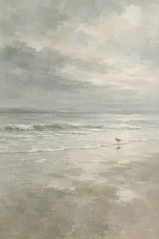 A sandpiper at the water line in stone, gray, cream; portrait artwork.