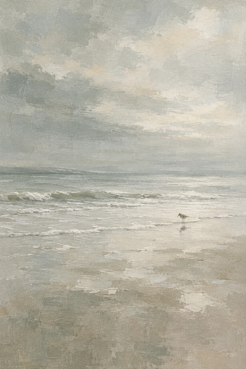 A sandpiper at the water line in stone, gray, cream; portrait artwork.