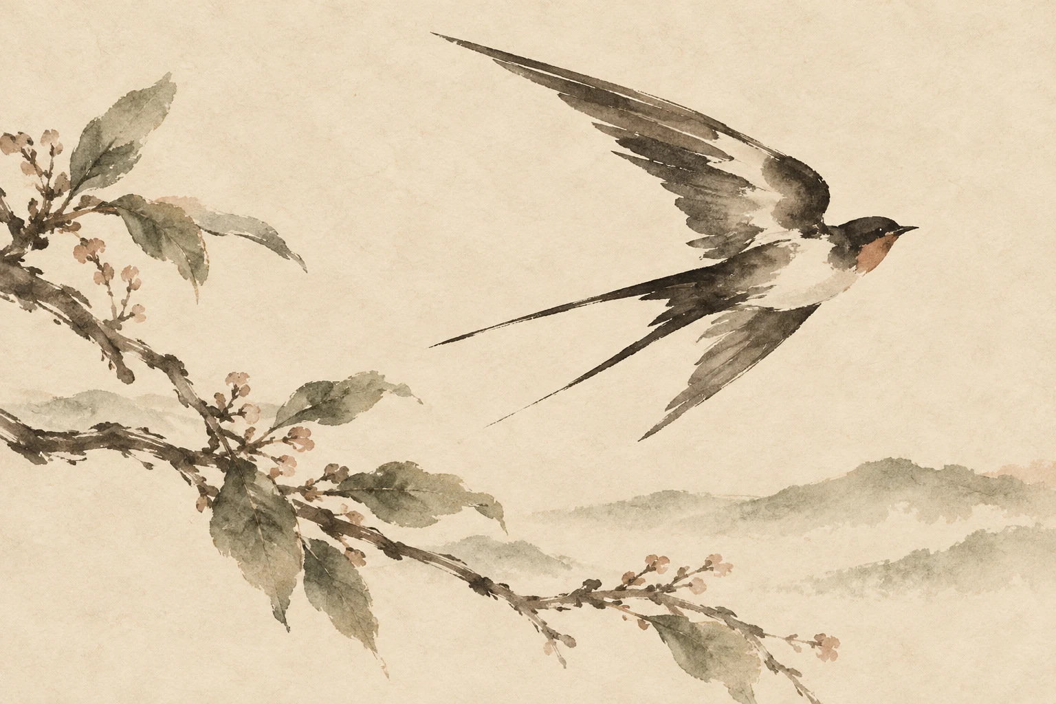 A swallow in flight in cream, stone, taupe; landscape artwork.