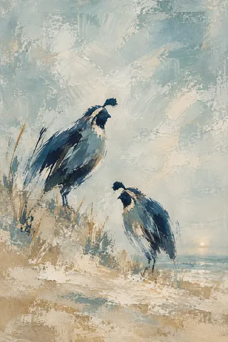 A pair of quail in stone, sand, cream, gray; portrait artwork.