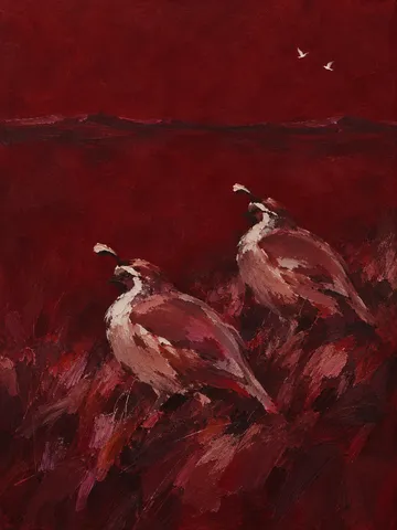 A pair of quail in burgundy, black, rust; portrait artwork.