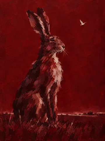 A hare sitting upright in burgundy, black; portrait artwork.