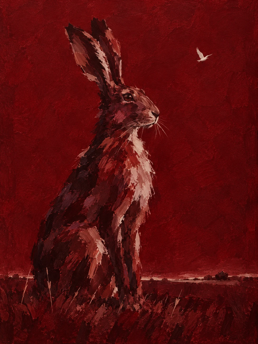 A hare sitting upright in burgundy, black; portrait artwork.