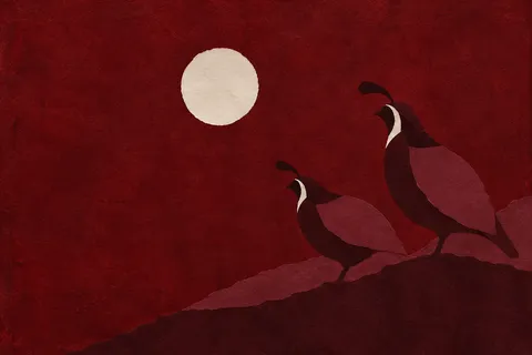 A pair of quail in burgundy, black, rust; landscape artwork.