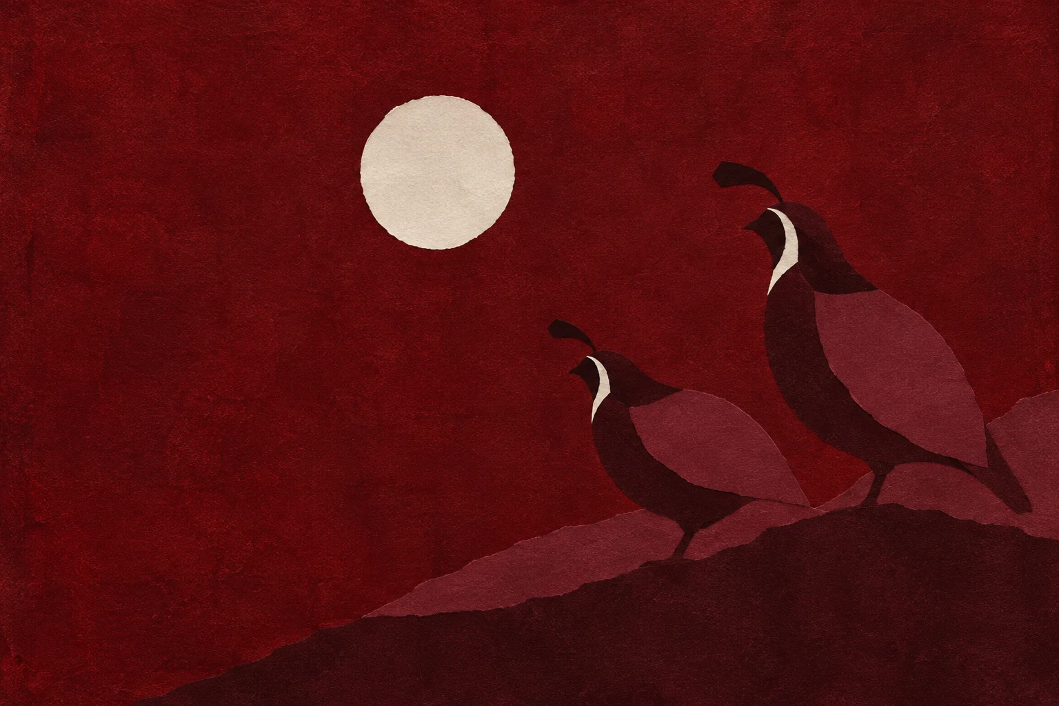 A pair of quail in burgundy, black, rust; landscape artwork.