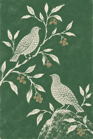 A pair of quail in green, stone, sage, olive; portrait artwork.