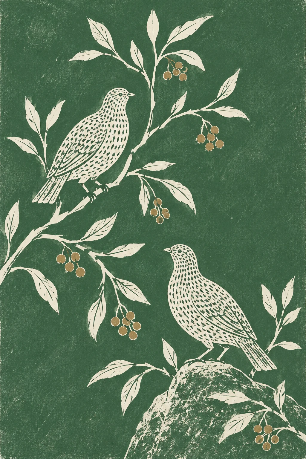 A pair of quail in green, stone, sage, olive; portrait artwork.