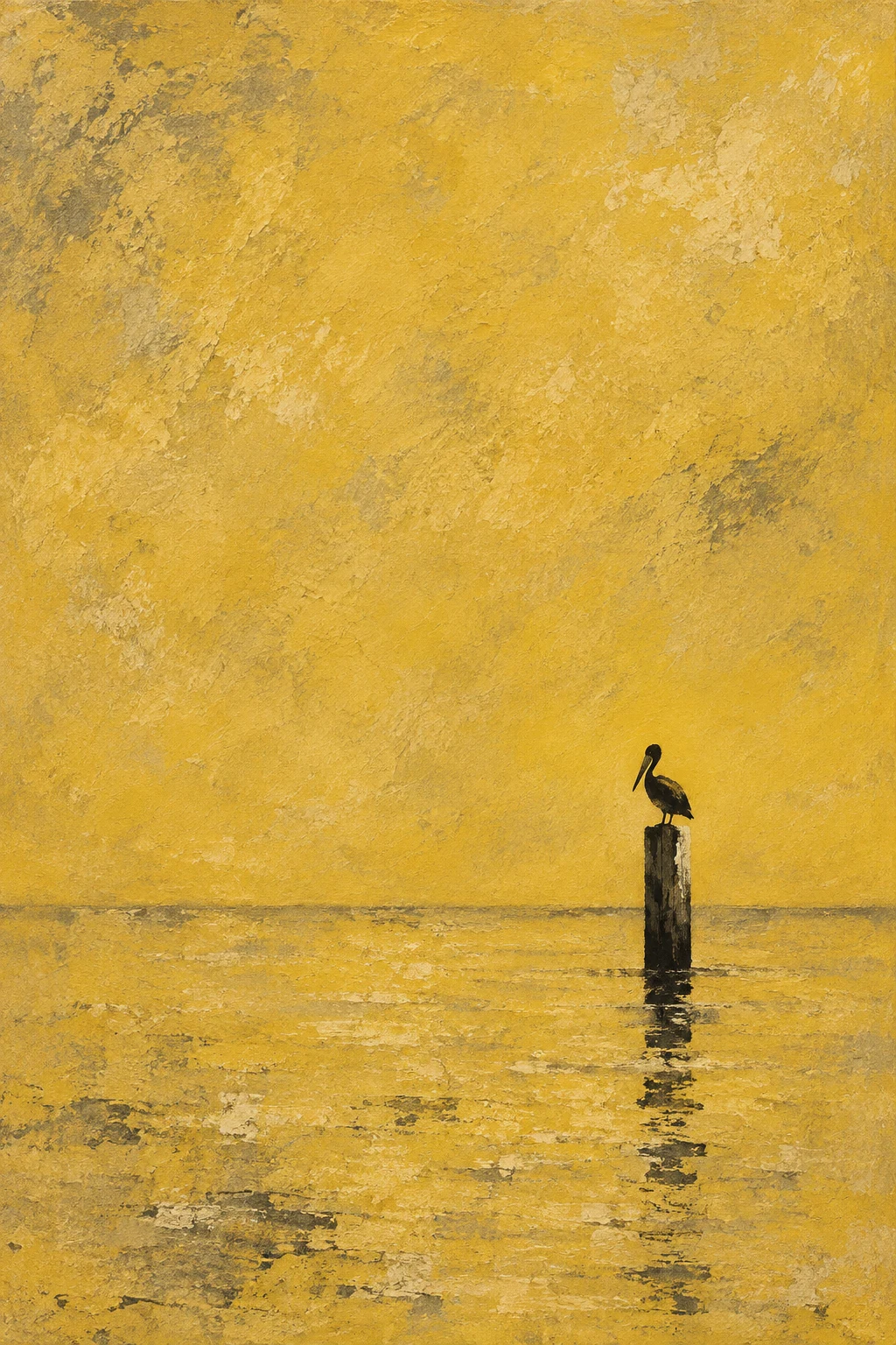 A pelican on a piling in sand, yellow, ochre; portrait artwork.