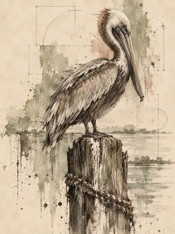 A pelican on a piling in cream, sand, stone, brown; portrait artwork.