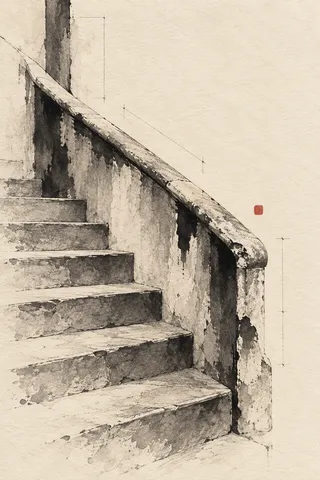 A stone stair with a worn handrail in cream, taupe, stone, sand; portrait artwork.
