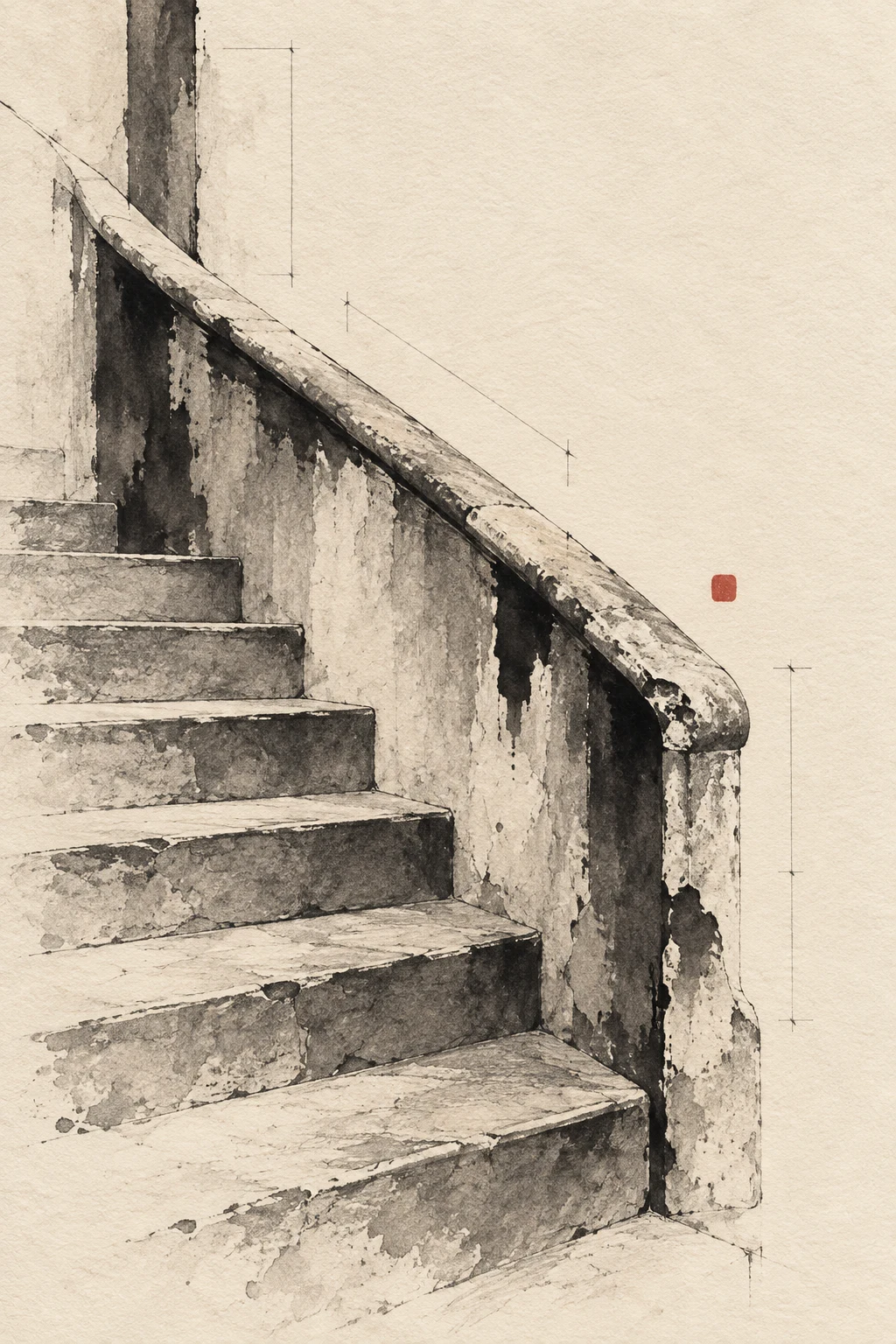A stone stair with a worn handrail in cream, taupe, stone, sand; portrait artwork.