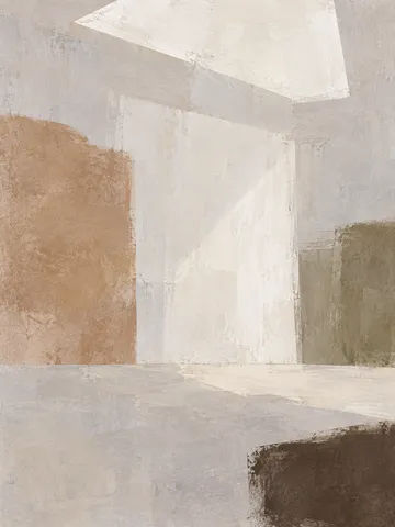 A skylight over a bare room in stone, cream, sand, olive; portrait artwork.