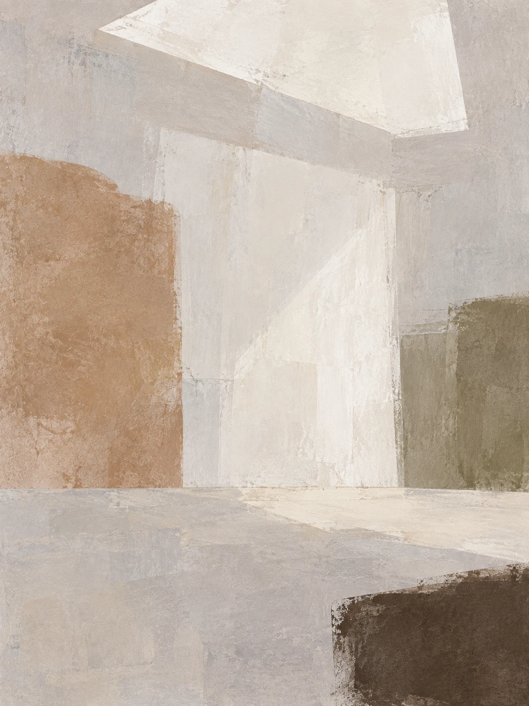 A skylight over a bare room in stone, cream, sand, olive; portrait artwork.