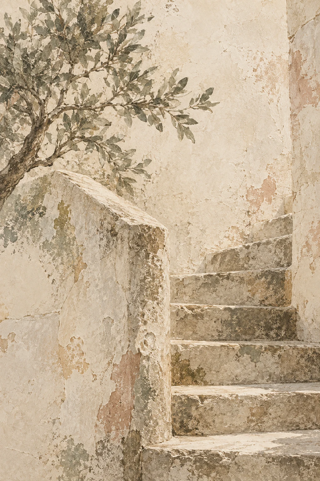 A stone stair with a worn handrail in stone, cream, sand, sage; portrait artwork.