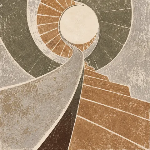 A spiral stair seen from below in sand, taupe, ochre, stone; square artwork.