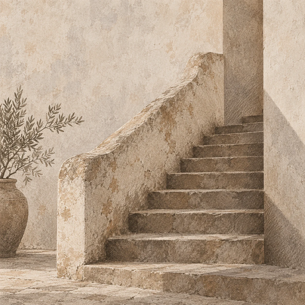 A stone stair with a worn handrail in taupe, stone, sand, cream; square artwork.