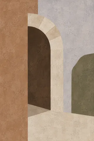 A segmental brick arch over a doorway in elevation in stone, ochre, brown, olive; portrait artwork.