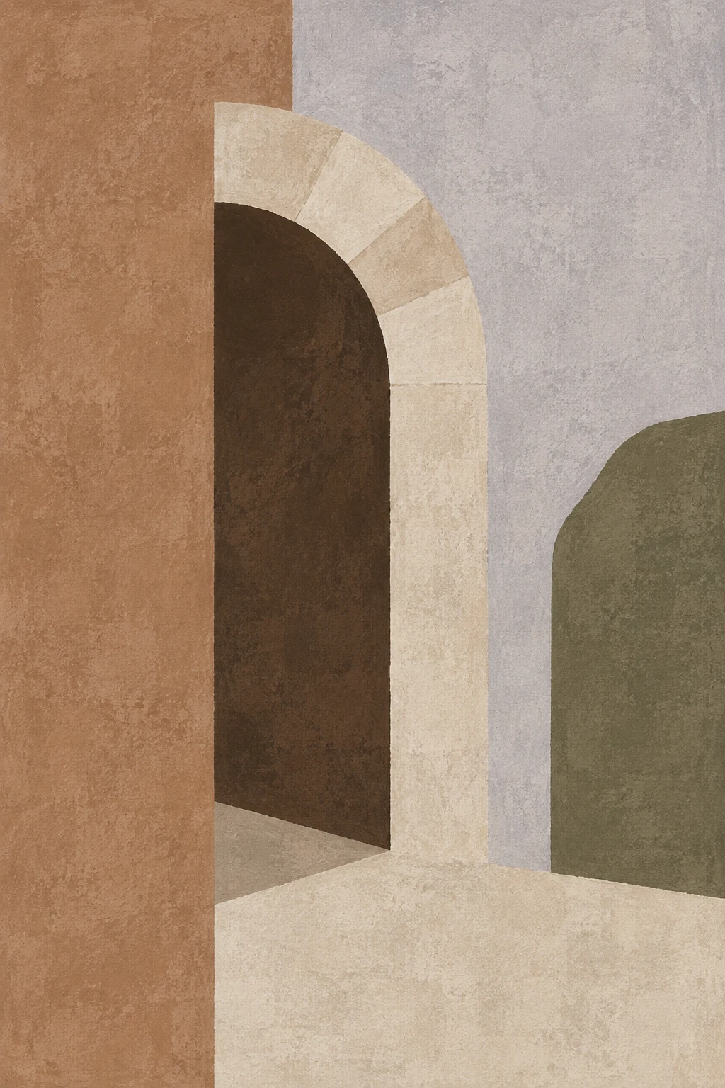 A segmental brick arch over a doorway in elevation in stone, ochre, brown, olive; portrait artwork.
