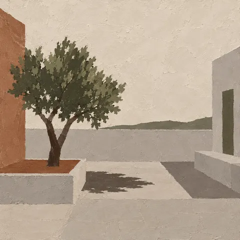 A courtyard with a single tree in cream, sand, taupe, brown; square artwork.
