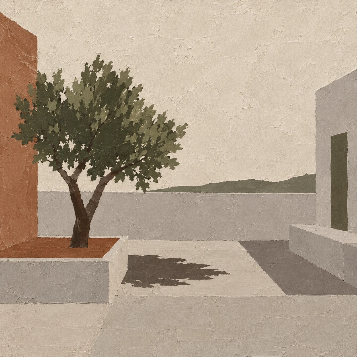 A courtyard with a single tree in cream, sand, taupe, brown; square artwork.