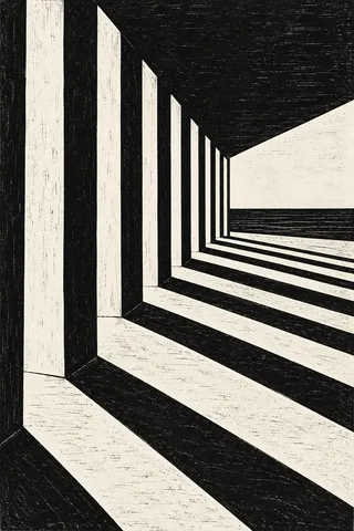 A colonnade in raking light in black, cream, white, gray; portrait artwork.