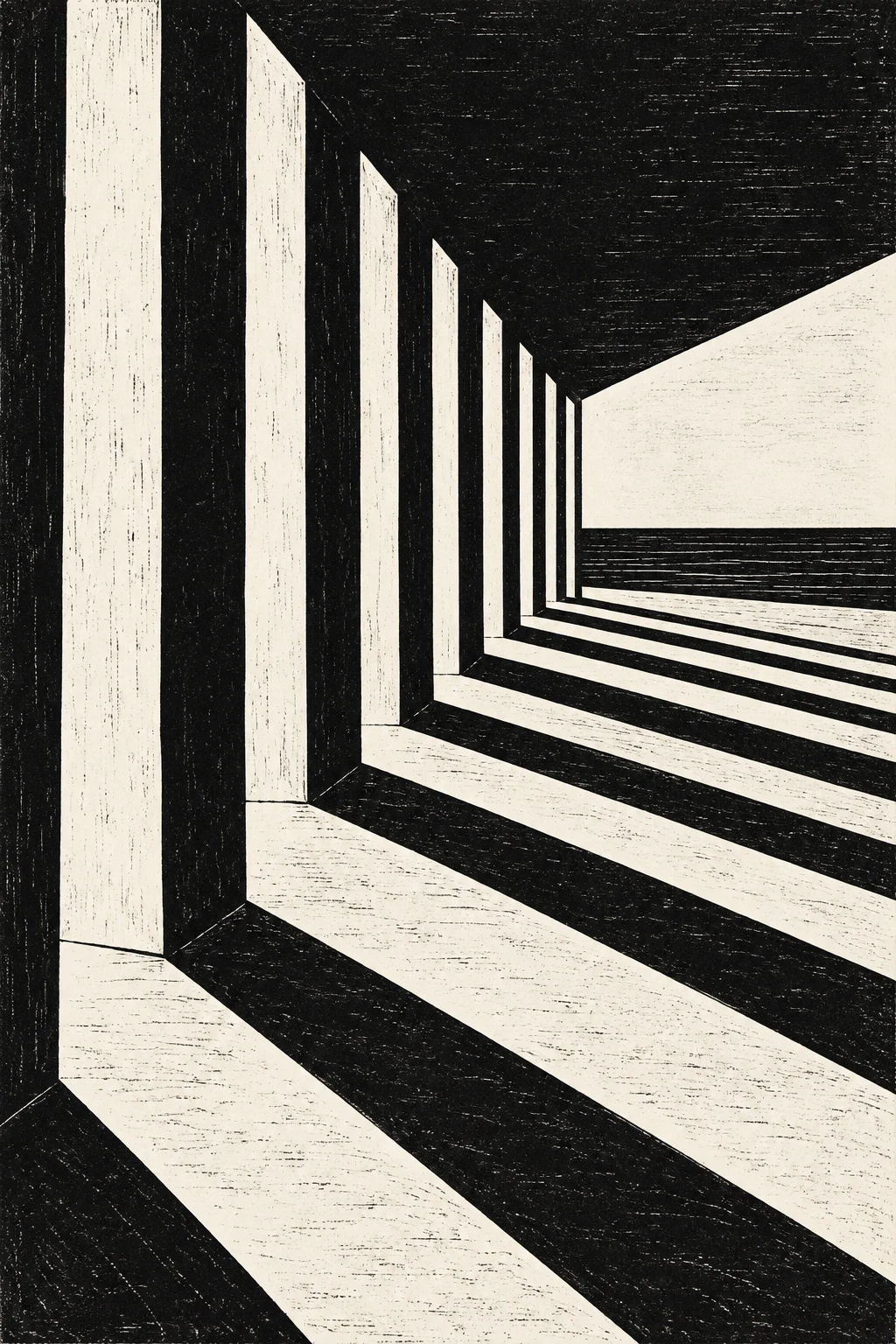 A colonnade in raking light in black, cream, white, gray; portrait artwork.