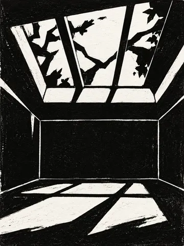 A skylight over a bare room in black, white, charcoal, cream; portrait artwork.