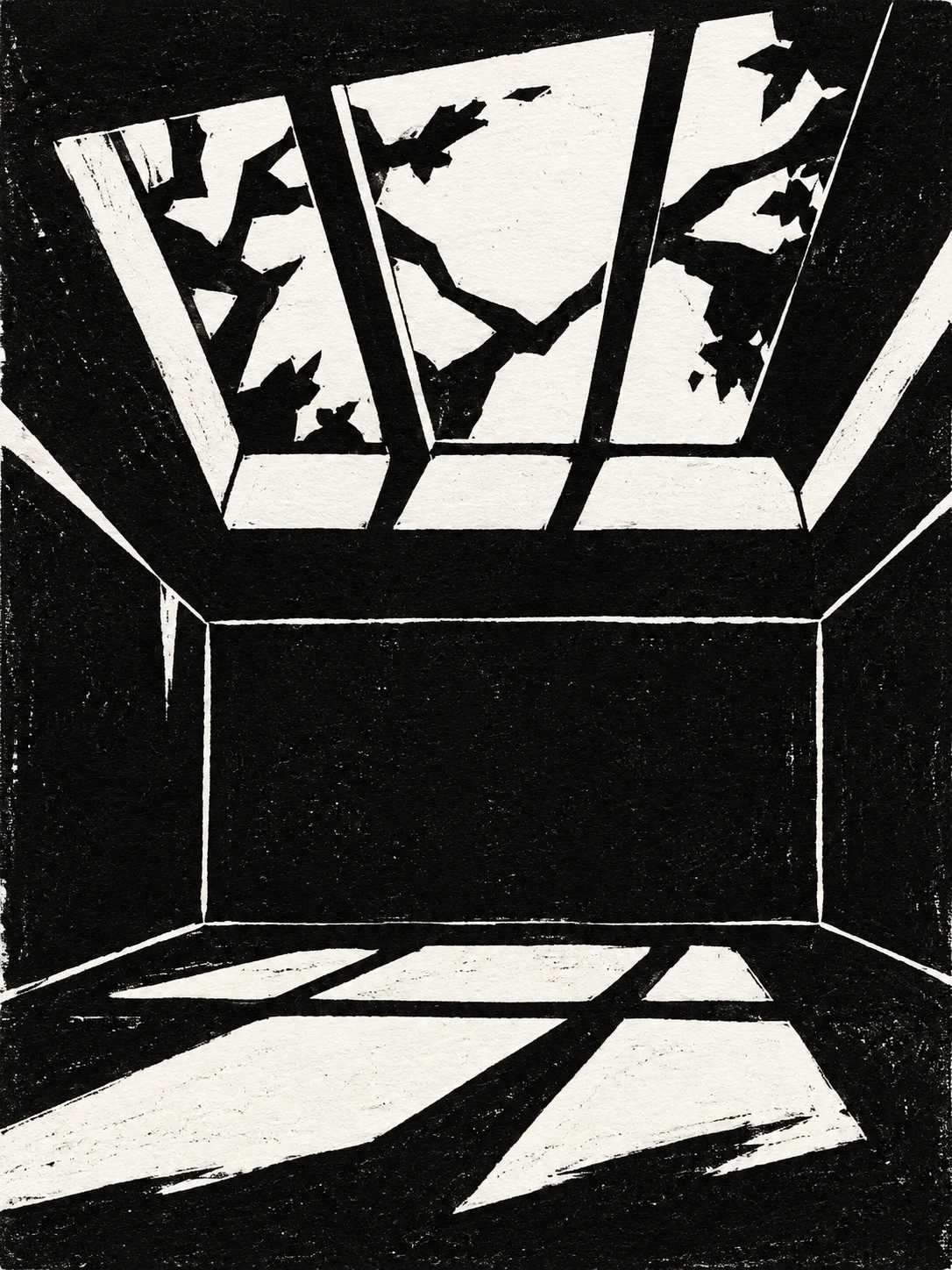 A skylight over a bare room in black, white, charcoal, cream; portrait artwork.